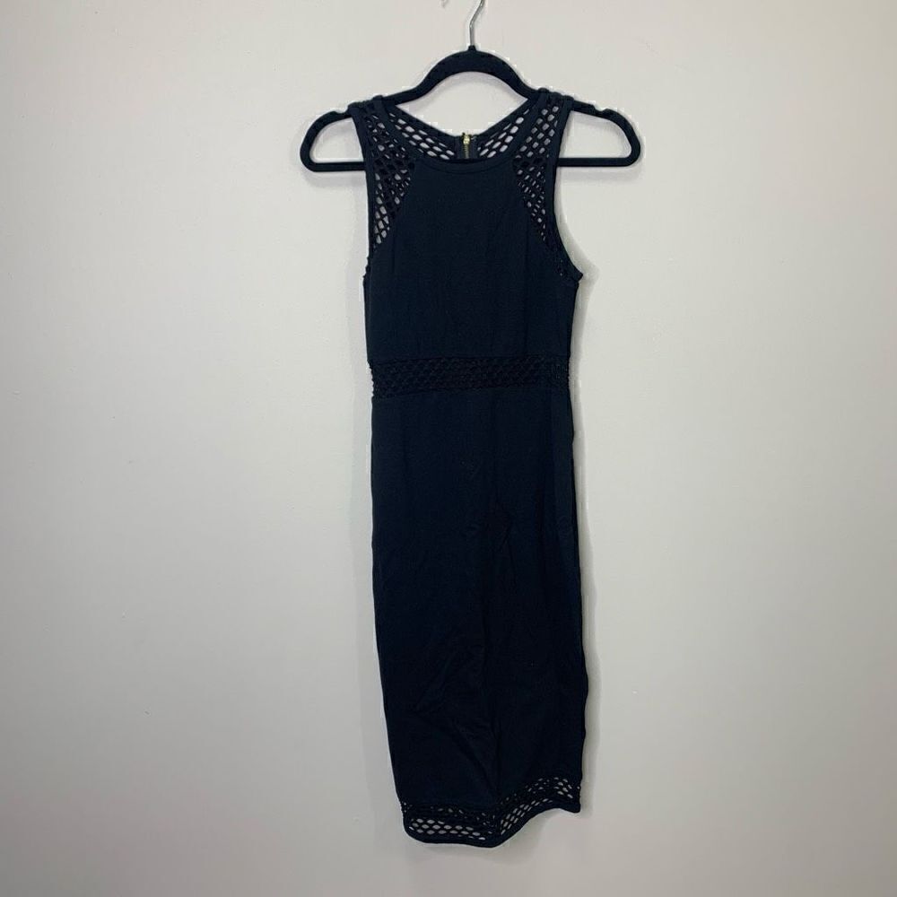 EXPRESS Black Midi Dress With See-through Mesh Midi Section Below Knee Length. S